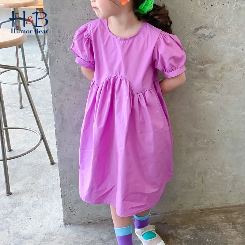 Humor Nosijo Dekleta Obleko 2021New Poletje Puff-Sleeve Solid Color Počitnice Srčkan Slog Malčka Otroci Oblačila