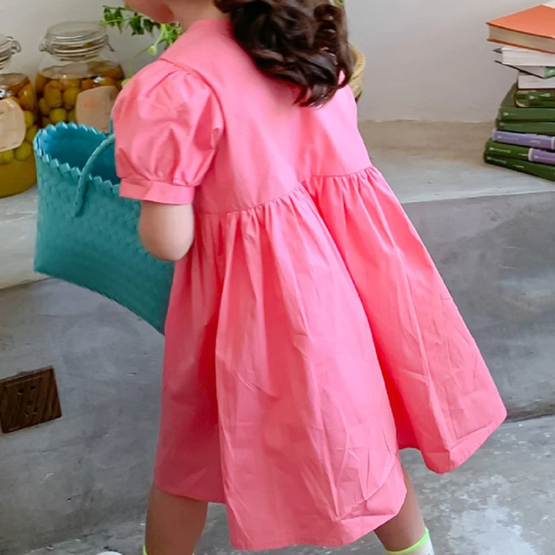 Humor Nosijo Dekleta Obleko 2021New Poletje Puff-Sleeve Solid Color Počitnice Srčkan Slog Malčka Otroci Oblačila