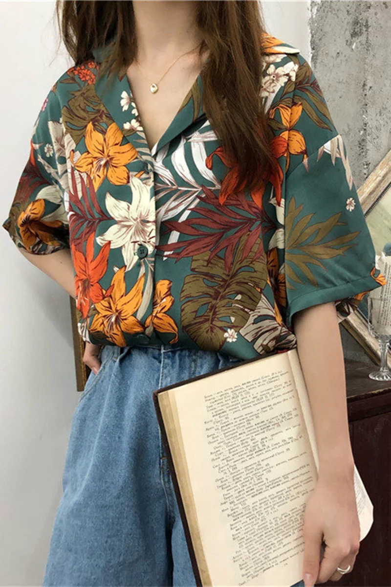 Houthion Šifon Slim Ženske Bluze Nove Priložnostne Bluzo Moda Kratek Rokav Vrhu Gumbov, Cvetje V-neck Majica Poletje