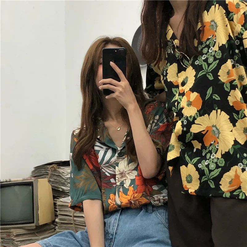 Houthion Šifon Slim Ženske Bluze Nove Priložnostne Bluzo Moda Kratek Rokav Vrhu Gumbov, Cvetje V-neck Majica Poletje