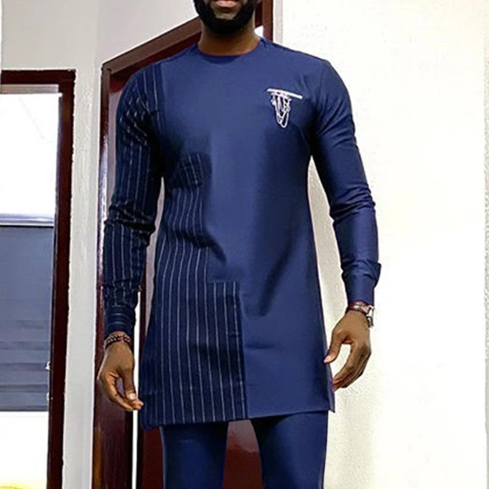 Modra moška Majica z Dolgimi Rokavi 2021 Vrhovi Moški Srednje Dolžine okoli Vratu Pomlad Tradicionalnih Plus Velikost Slim Dashiki Bluzo Človek