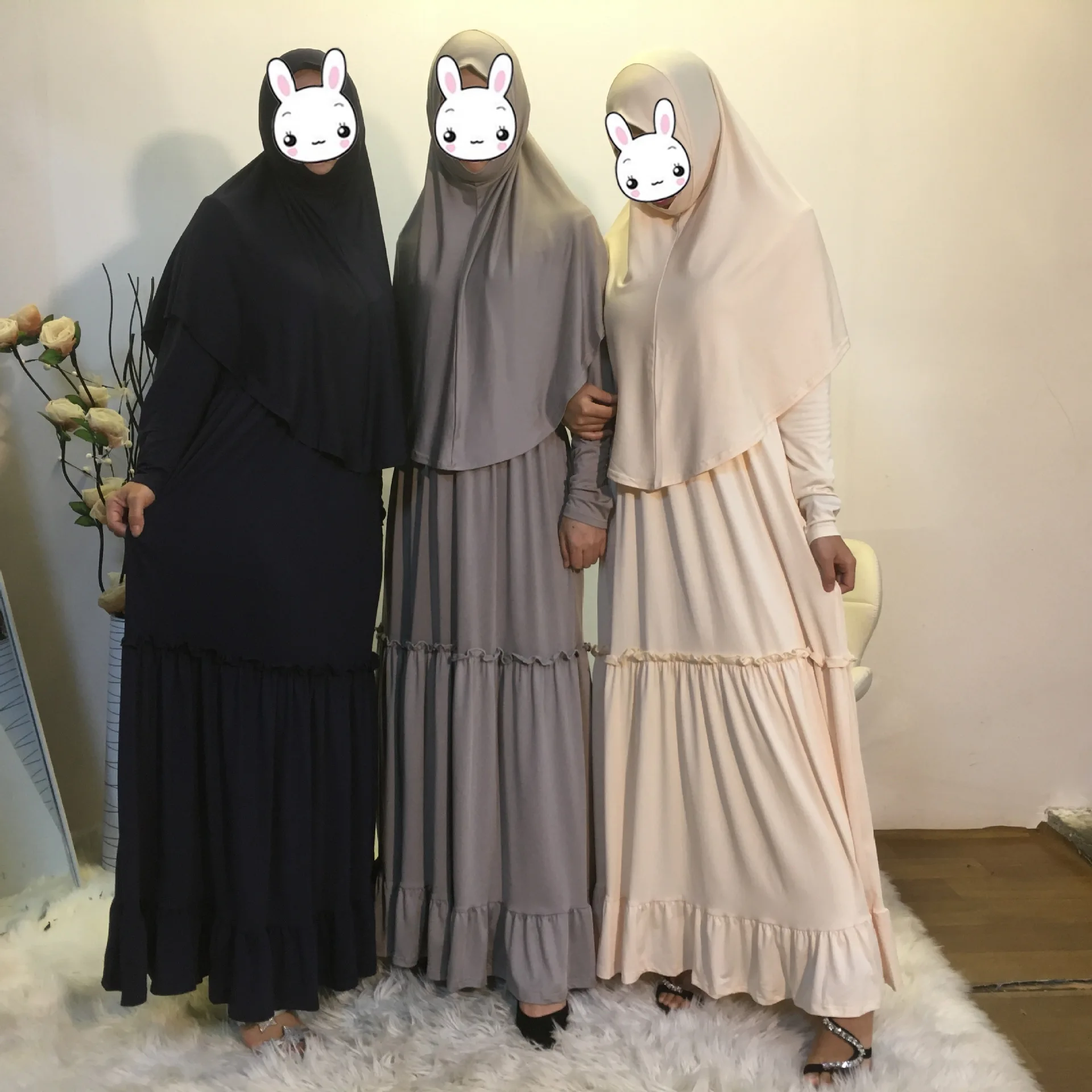 Muslimanske Ženske 2 Kosa Molitev Nastavite Obleko Dolgo Instant Hidžab + Rogov Stopenjski Maxi Obleko Savdska Turk Islam Umrah Oblačila Malezija