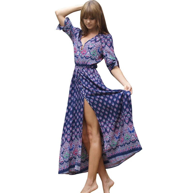2020 Nova ženska Cvetlični Midi Obleko Proti-vrat 3/4 Rokav beloprsi Singl Plaža Obleko Boho ženske Priložnostne Obleke