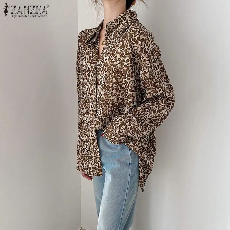ZANZEA Ženske Leopard Bluze 2021 Pomlad Print Majica Priložnostne River Ovratnik Long Sleeve zgornji deli oblacil Ženske Svoboden Blusa Femme