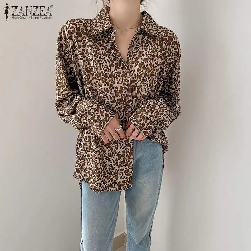 ZANZEA Ženske Leopard Bluze 2021 Pomlad Print Majica Priložnostne River Ovratnik Long Sleeve zgornji deli oblacil Ženske Svoboden Blusa Femme