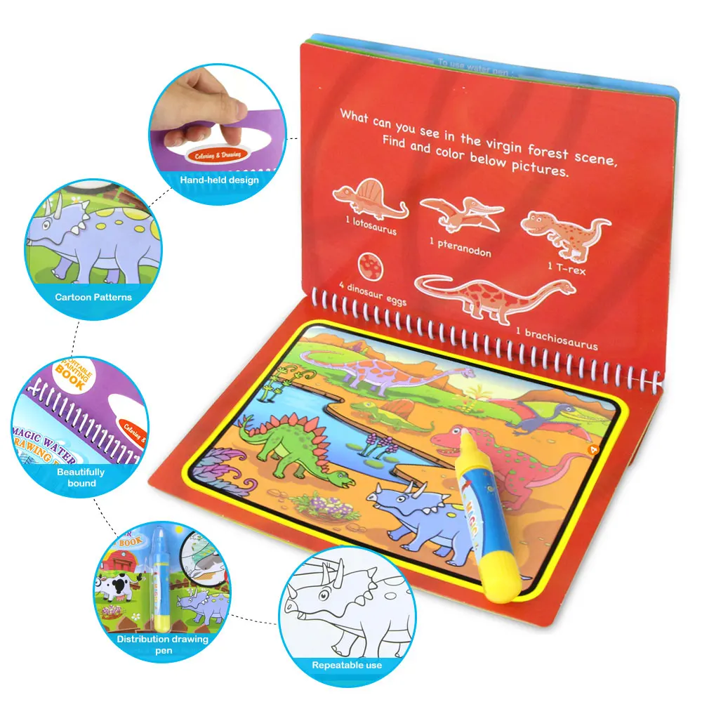 Čarobno Vodo Risalno Desko, Kolorit Knjigo z Slikarstva Pero Dinozaver Živali Temo Doodle Izobraževalne Igrače, Darilo za Otroke Otrok