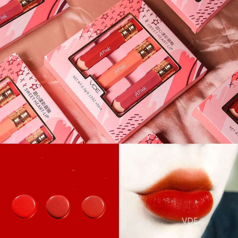 3 KOS Šminka Ženski Voščenka Lip Gloss za Ustnice Glaze Nastavite Nepremočljiva Non-Označevanje Bean Prilepi Barvo Žamet Lip Gloss Nastavite Maquiagem