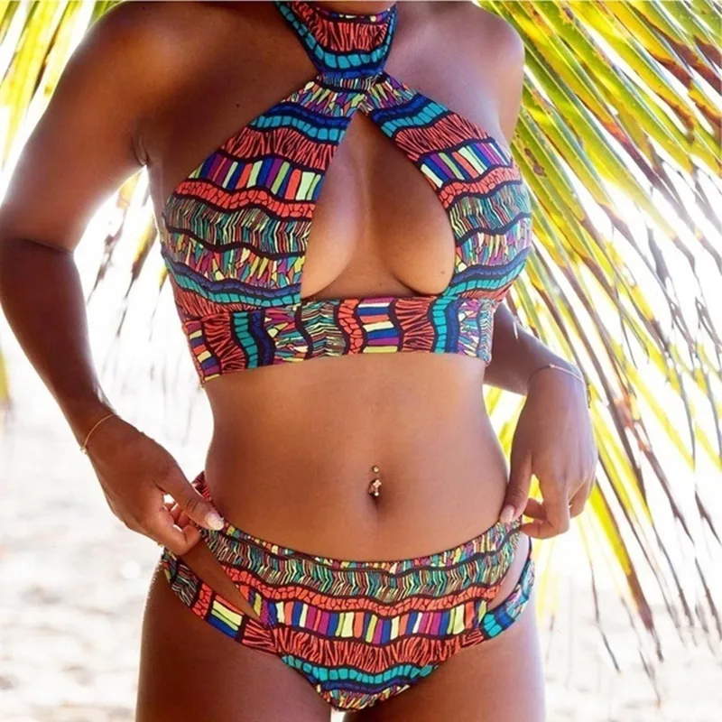 Ženske Afriških Plemenskih Totemi Tiskanje Oblazinjeni Izrezanka Kopalke Nastavite Push Up Kopalke Kopalne Barvno Tiskanje Bikini Povoj Povodcem