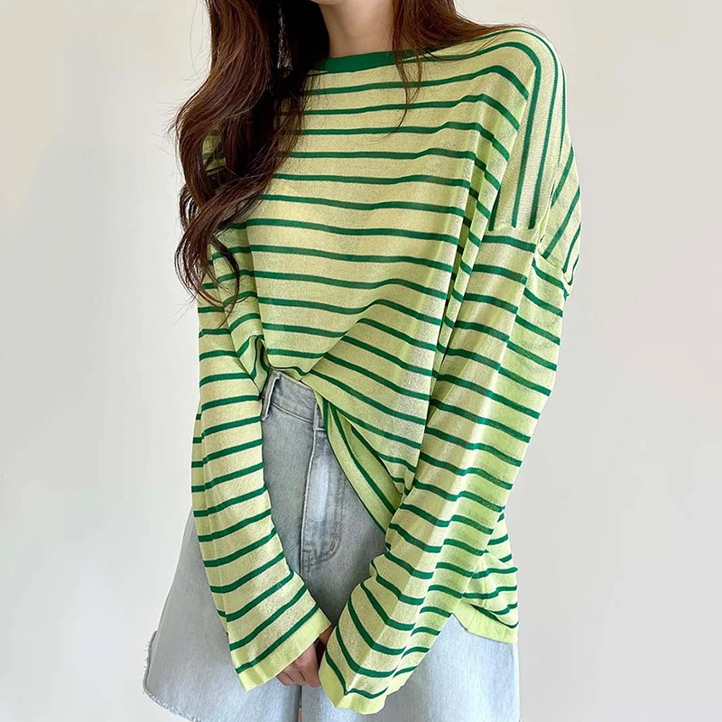 ZCSMLL korejski poletje vse-tekmo sladkarije barvni krog vratu puloverju bluzo ohlapno, tanko oddelek dolgo sleeved trakove za zaščito pred soncem pulover