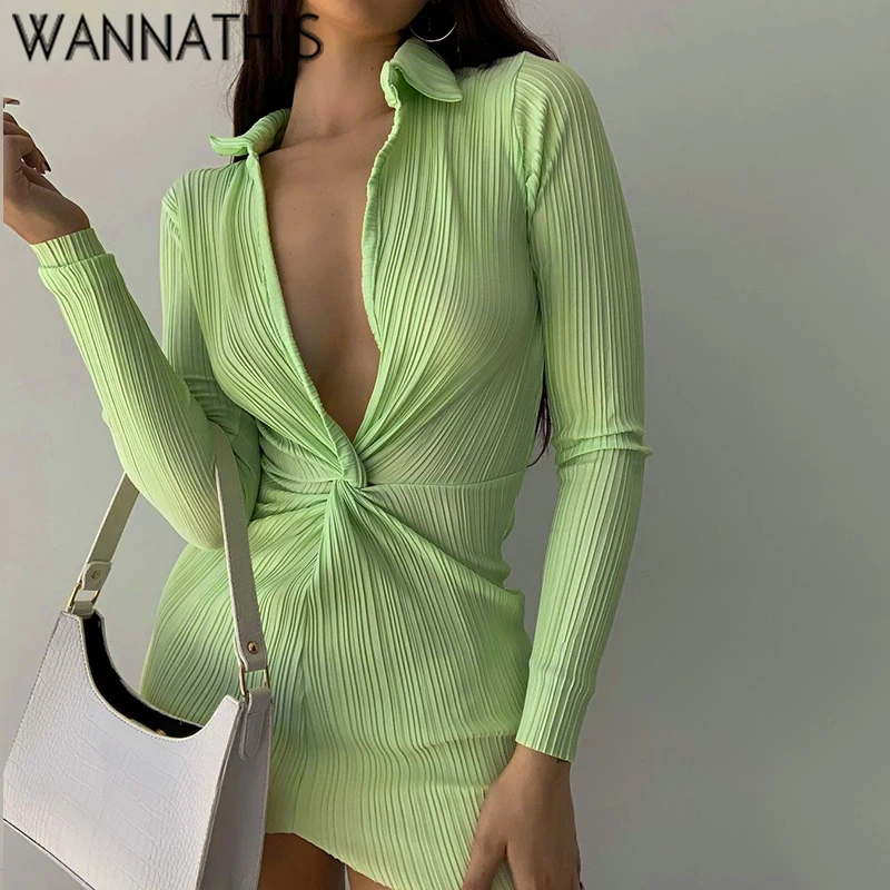 WannaThis Poletje Dolg Rokav Obleka Za Ženske CottonTurn-Dol Vratu Twist Zelena Mini Seksi Urad nosijo Obleke Za Dekle Priložnostne 2021