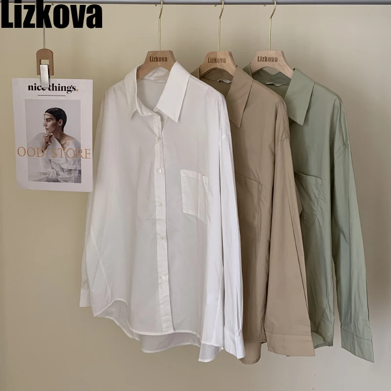 Lizkova Poletje Bombaž Bluzo Ženske 2021 Bela Plus Velikost Priložnostne Camisas De Mujer Tanke Dolg Rokav Pocket Majica