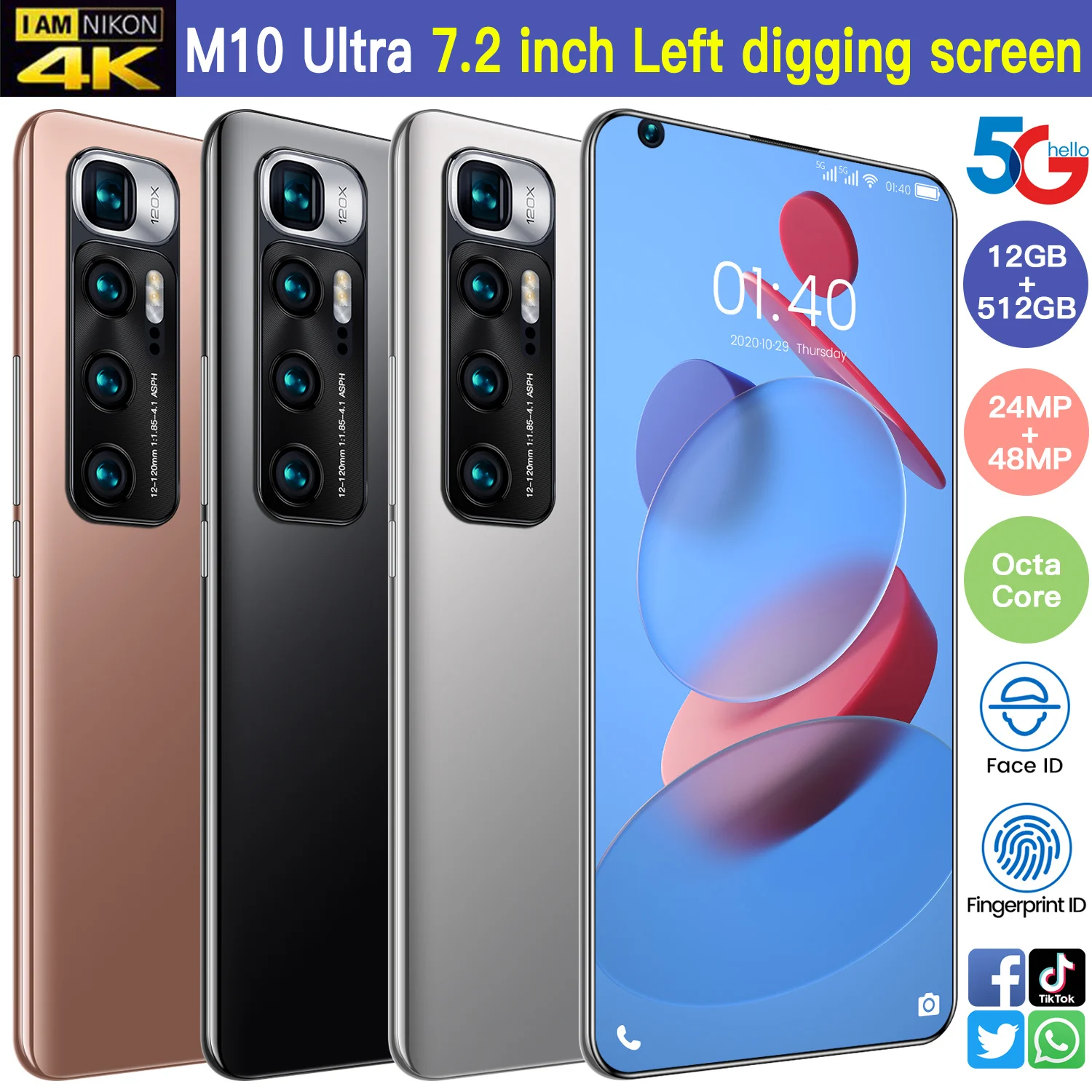 M10 Ultra 5G Globalni Različico Pametnega telefona MTK6889+ Deca Jedro 12G 512G 6000mAh Novo 48 MP Zadaj 7.2 Palčni HD Zaslon, Fotoaparat, mobilni telefon