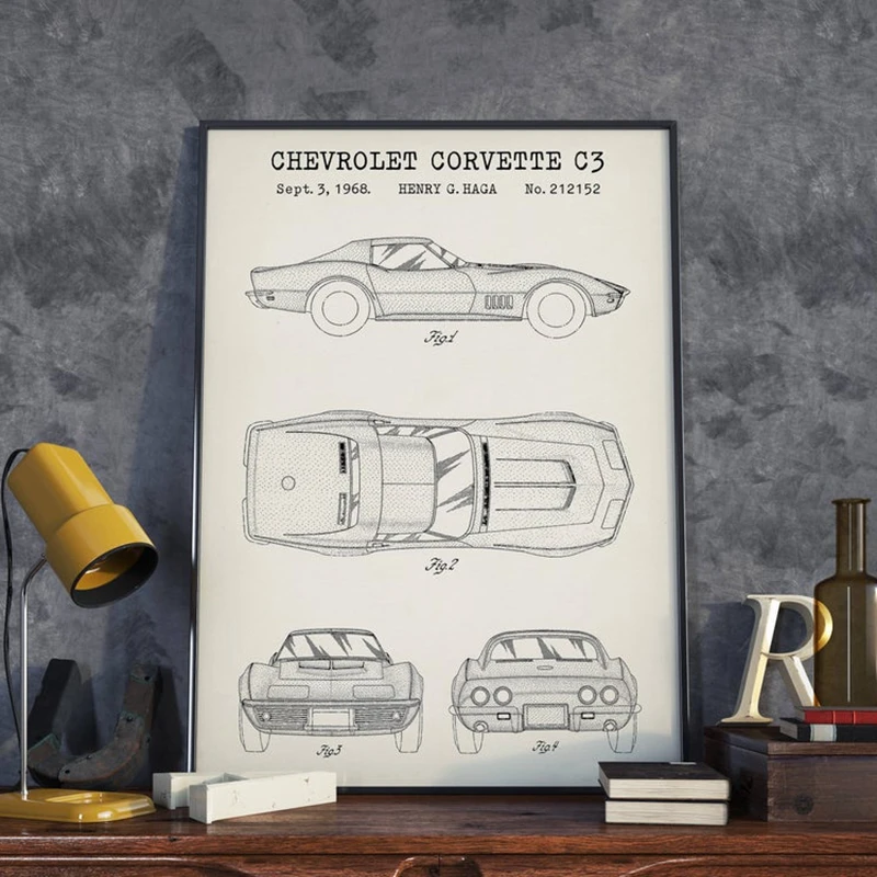 Ameriški Avtomobil Corvette C3 Načrt Umetniške grafike Darilo za dirkalnika Patent Plakat Platno Slikarstvo Fant Soba Dekor Stenski Dekor
