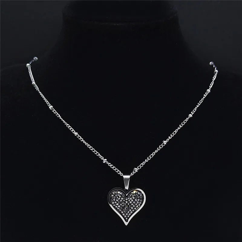 Srce Black Crystal iz Nerjavečega Jekla, Ogrlico, Obesek za Ženske Srebrne Barve Majhnih Čar Ogrlice Nakit chaine N4871S01