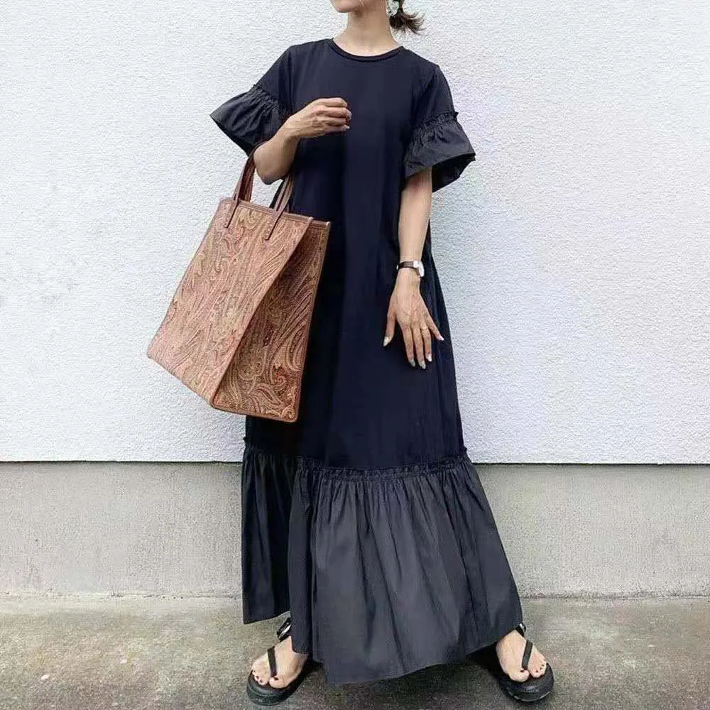 Japonske Ženske Obleke Puff Rokav 2021 Poletje Ruffle Črna Vitek O-Vratu Črto Pol Rokav Svoboden Priložnostne Visoko Pasu Obleke