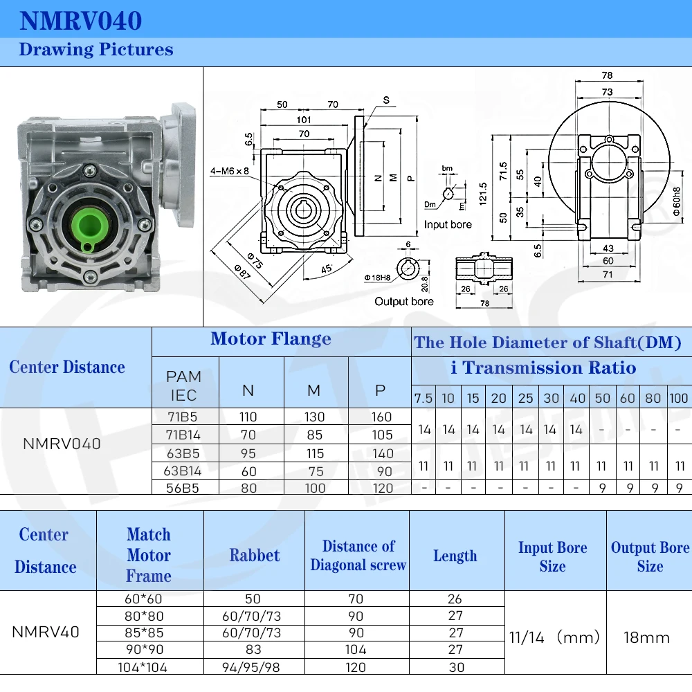 Razmerje med 20：1 Črv reduktorjem NMRV040 za Nema34 stopil servo motor 86mm x 86mm navora 0-90Nm vhodno gred 14 mm 18 mm izhod
