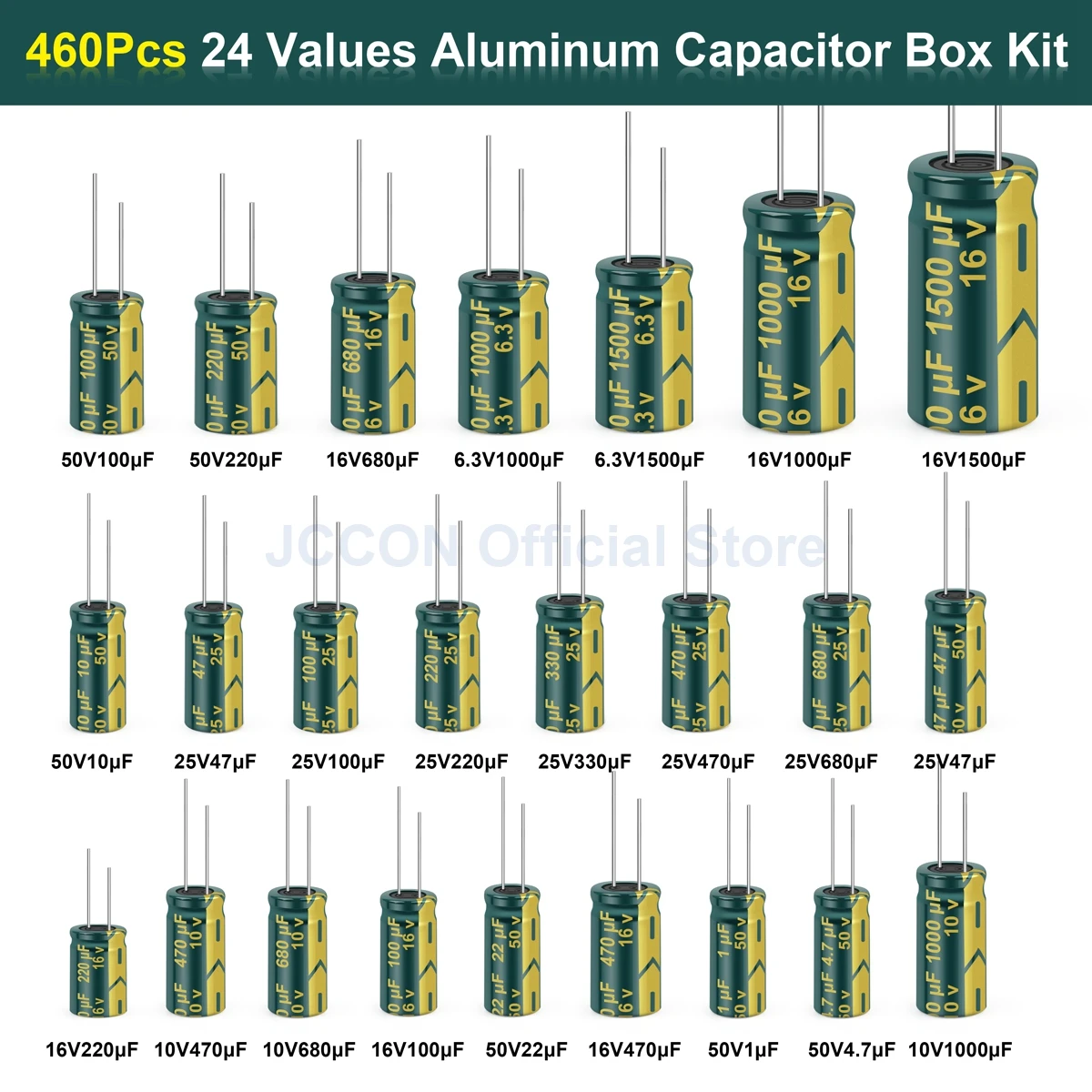 460Pcs/Box Kondenzator Kit JCCON 1UF-1500UF 24Values Aluminija Elektrolitski Kondenzatorji 6.3 PROTI-50V Kondenzatorji Razvrstan Polje Komplet Nizko ESR