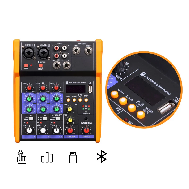 Brezžični 4-kanalni Audio Mixer Prenosni Zvočni Mešalna Vmesnik USB MP3 Računalnik Vhod 48V Fantomsko Napajanje Zaslona za Dom