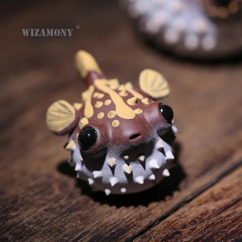 WIZAMONY Yixing vijolično pesek čaj pet pufferfish ornament čisto kiparska ustvarjalna morskih surovega zlata ribica lahko dvigne na debelo