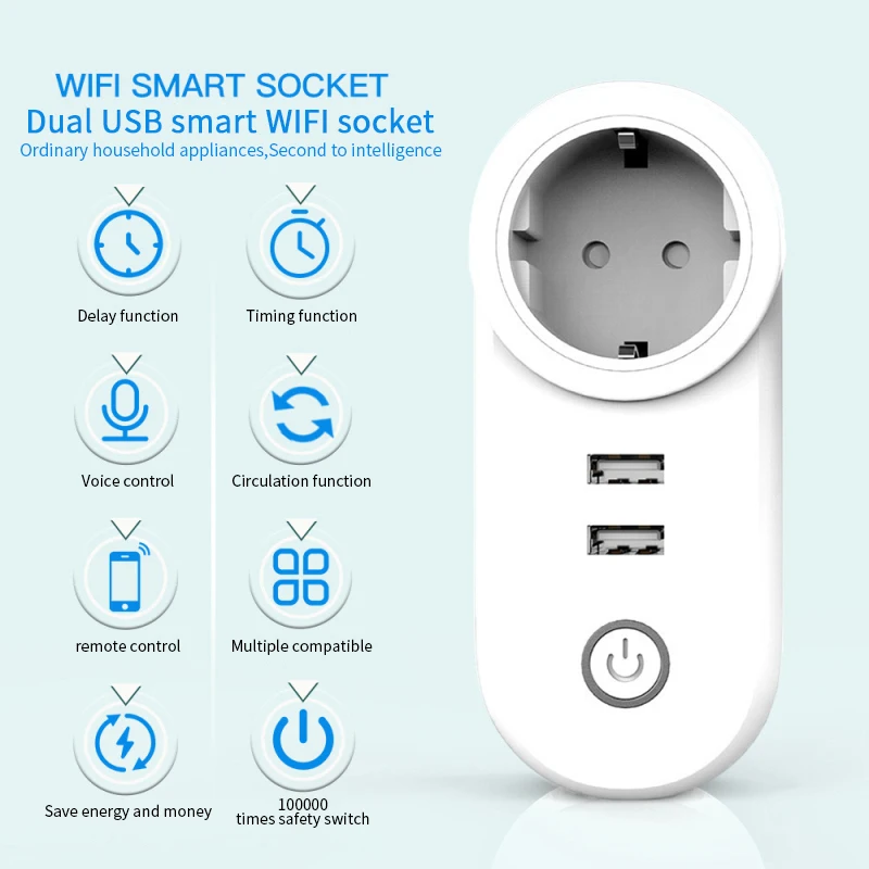 Smart WiFi Usb Vtičnico EU Dvojni USB Podaljšek Vtičnice Brezžično Smart Vtič v Električno Vtičnico Z Alexa googlova Domača stran