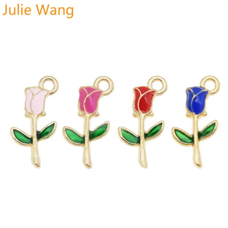 Julie Wang 4PCS Emajl Rose Čare Cvetje Roza, Rdeča, Modra Zlitine Zlata Ton Ogrlico, Zapestnico, Uhane, Nakit, Izdelava Dodatne opreme