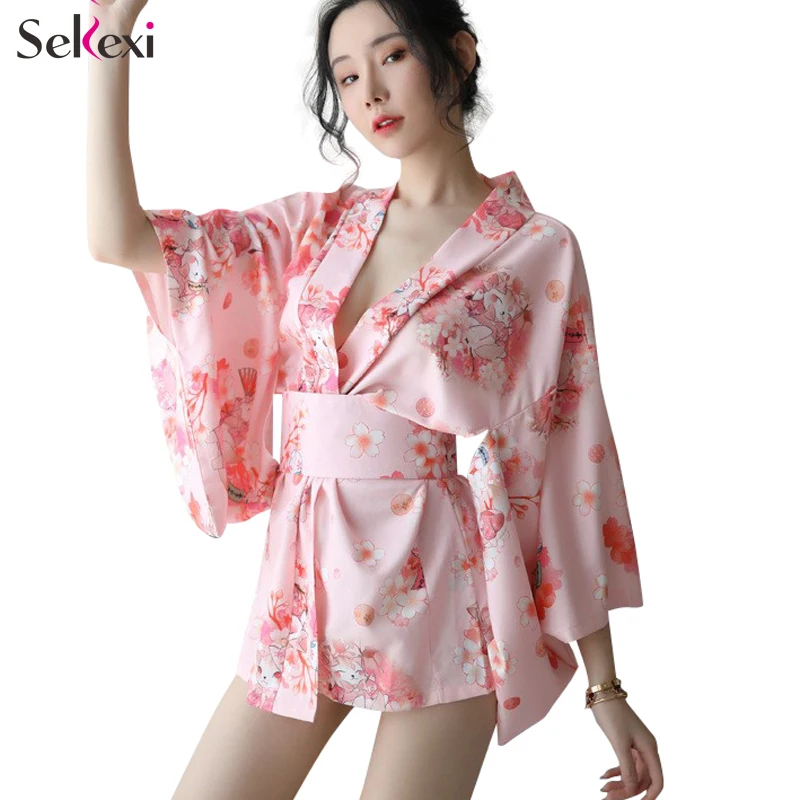 Seksi Spodnje Perilo, Ženske Dolgo Najlon Nightgown Obleko Erotično Japonski Sakura Slog Natisnjeni Ženske Kimono Plašč Sleepwear Za Seks Noč