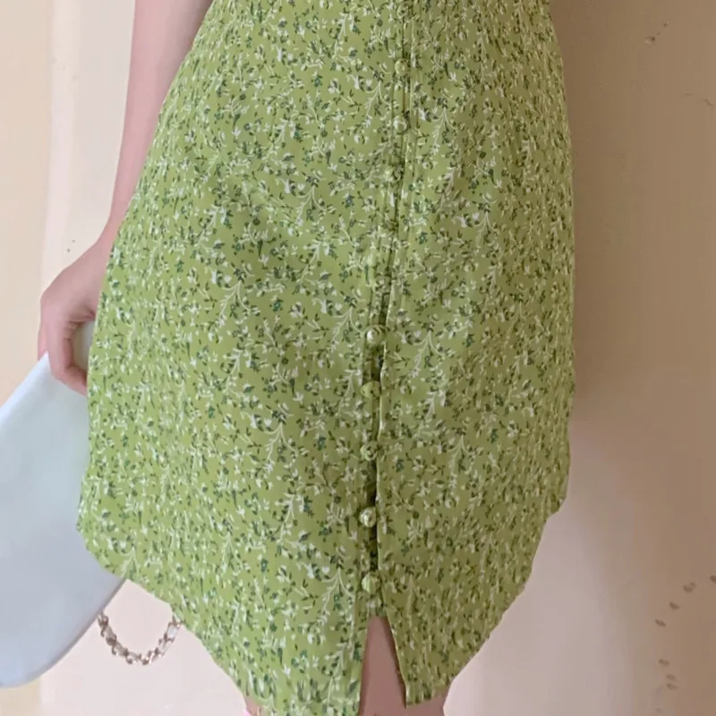 Francoski Stil Cvetlični Letnik Priložnostne Obleko Ženske Poletje 2021 Moda Proti-Vrat, Zelena Slim Mini Vestidos Puff Rokav Sundress Haljo Nova