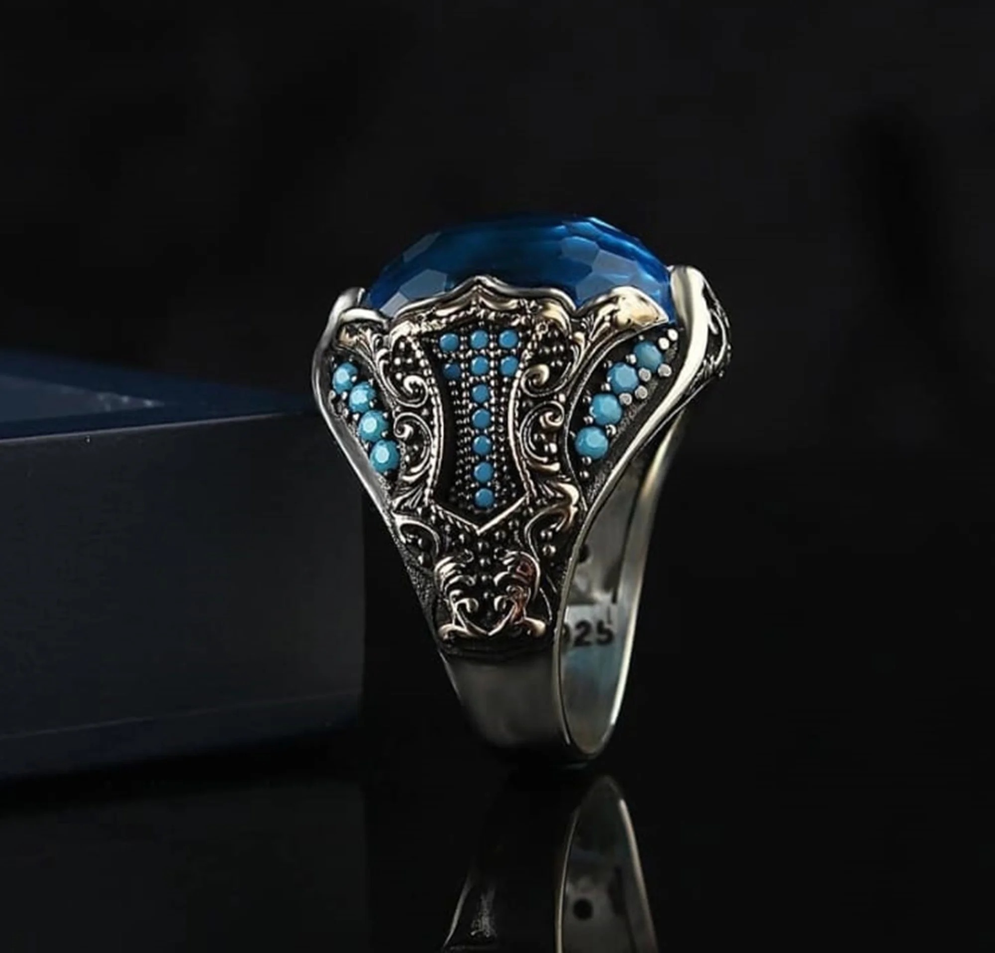 925 Sterling srebro turški ročno izdelan nakit akvamarin kamen moški prstan vse velikosti