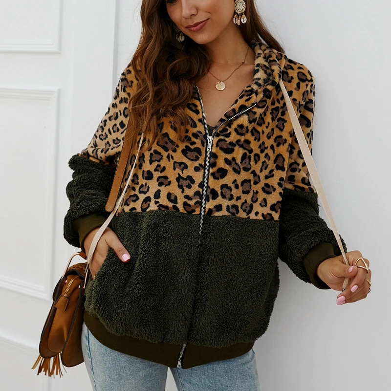 Jeseni in pozimi plus hoodie velikosti 3XL-7XL moda za ženske zadrgo žep leopard tiskanja šivanje priložnostne hooded suknjič