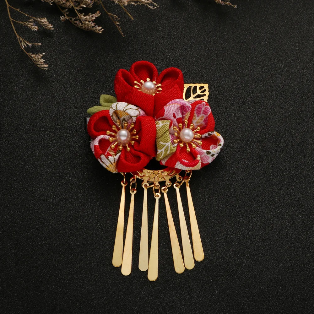 Japonski Slog, Sponke Za Lase Lase Cvet Oblikovan Barrette Headdress Kimono Dodatki Rdeče