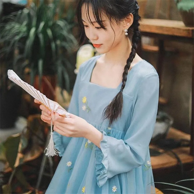 Sladko Ženske Elegantno Obleko Poletje Kitajski Slog Izboljšano Hanfu Obleko z Dolgimi Rokavi Kvadratnih Ovratnik ženskih Oblačil Jesen 2021