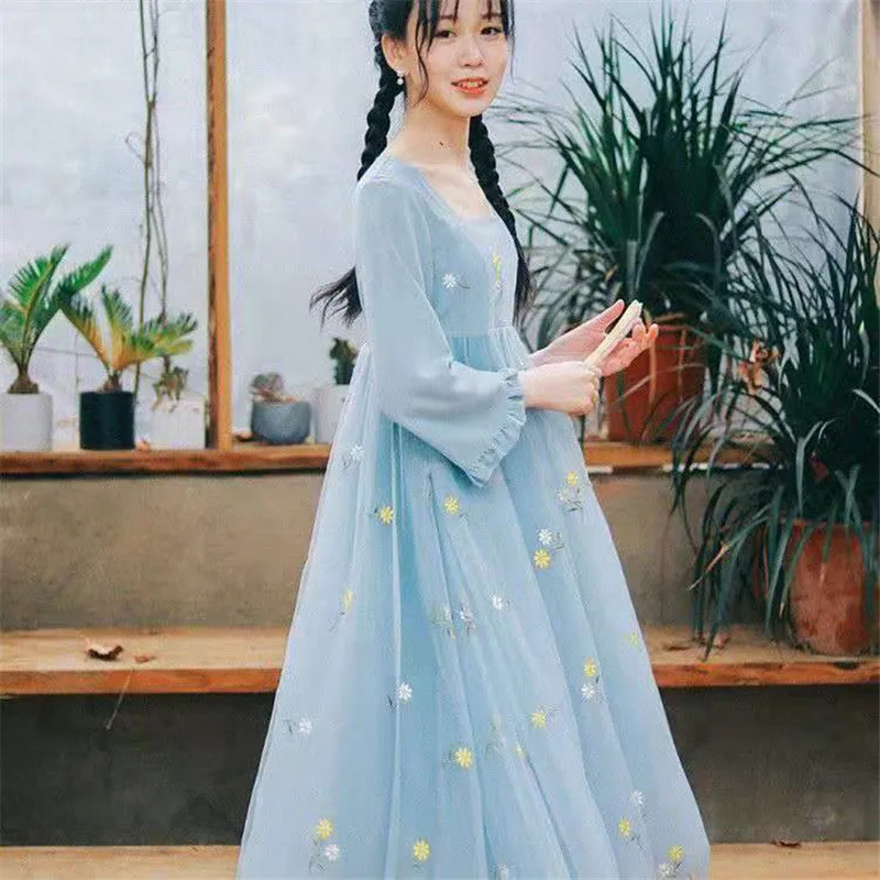 Sladko Ženske Elegantno Obleko Poletje Kitajski Slog Izboljšano Hanfu Obleko z Dolgimi Rokavi Kvadratnih Ovratnik ženskih Oblačil Jesen 2021