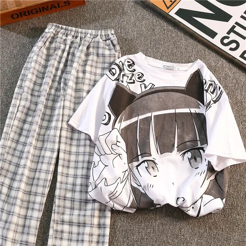 Anime T Srajce+Kariran Hlače 2-Kos Postavlja Ženske Harajuku Teens Dekleta Priložnostne Trenirke 2021 Poletje Japonski Študenti Ujemanja Nizov