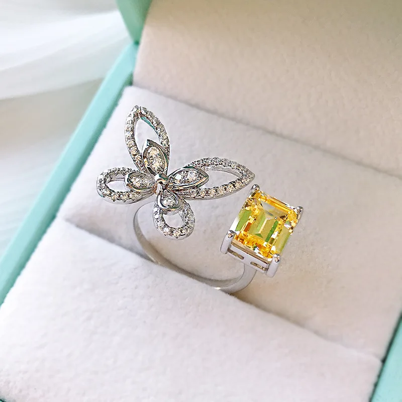 PANSYSEN 925 Srebro Obroči za Ženske Metulj Emerald Cut Citrine Diamond Fine Nakit, Poročni Posla Odprite Prst Prstan