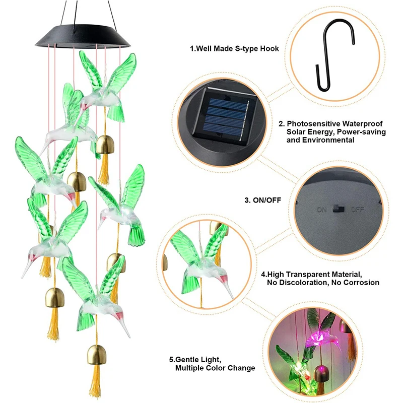 Zelena Hummingbird Solar Wind Chime Bell Wind Chime Sončni Vrt Luč Spremenite Barvno Neprepustna Za Notranje Stranke Na Prostem Dekor