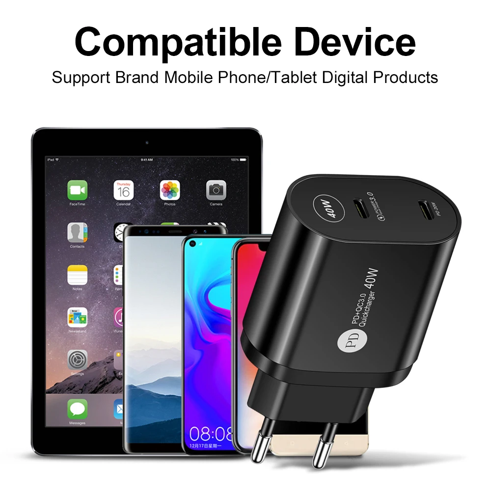 40W Dvojno PD Polnilnik USB, QC 3.0 Hitro Polnjenje Tip C Telefon Adapter Za iPhone 12 11 Pro Xs Max iPad Airpods Huawei Samsung Xiaomi