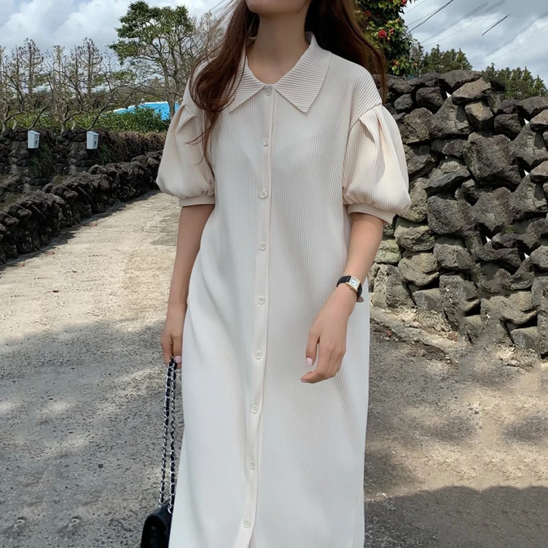 Korejpaa Ženske Obleke 2021 Poletje Korejski Elegantna Dame Retro Enotni-Zapenjanje Svoboden Puff Rokav River Naguban Jamo Trakovi Vestidos