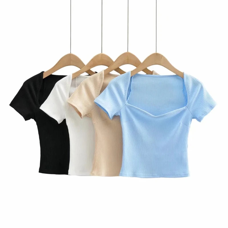 Ženske Sweatheart vratni Izrez, Kratek Rokav Rebro Rastlinske T-shirt