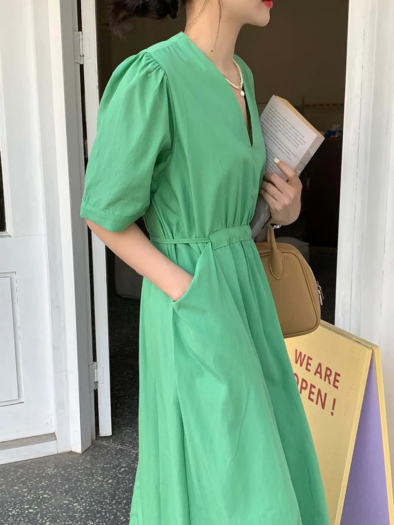 Colorfaith Novo 2021 Ženske Poletne Obleke Visoko Pasu Proti-Vrat Minimalističen korejski Čipke Gor Žepi Elegantno Divje Lady Dolgo Obleko DR1189
