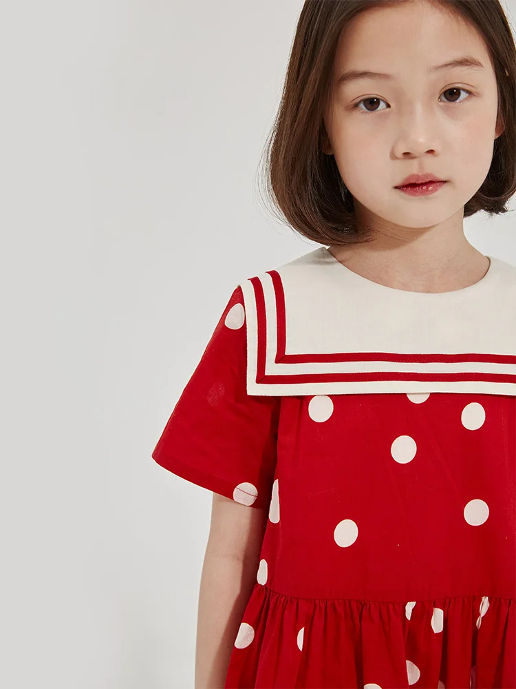 KC.Otrok dekleta obleko poletje nov slog za otroke rdeča čistega bombaža tanke oddelek mornarice ovratnik kolegij slog srčkan kratka sleeved obleko