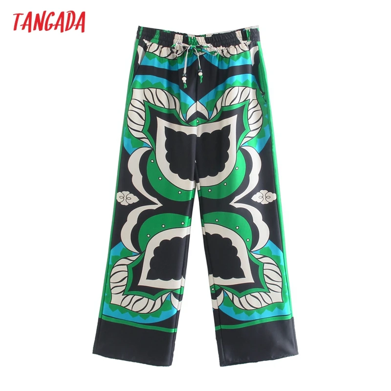 Tangada Moda za Ženske, Zelena Cvjetnim Tiskanja Obleko Hlače Hlače Vintage Stil Strethy Pasu Lady Hlače Pantalon 5Z270