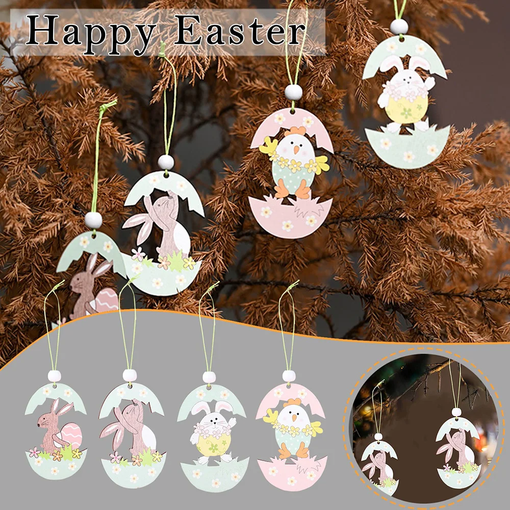 2PCS Lesene Vesel Velikonočni Okraski Bunny Egg Chick DIY Obrti Visi Votlih obeski Doma Dekoracijo Stranka Potrebščine Otroci Darilo