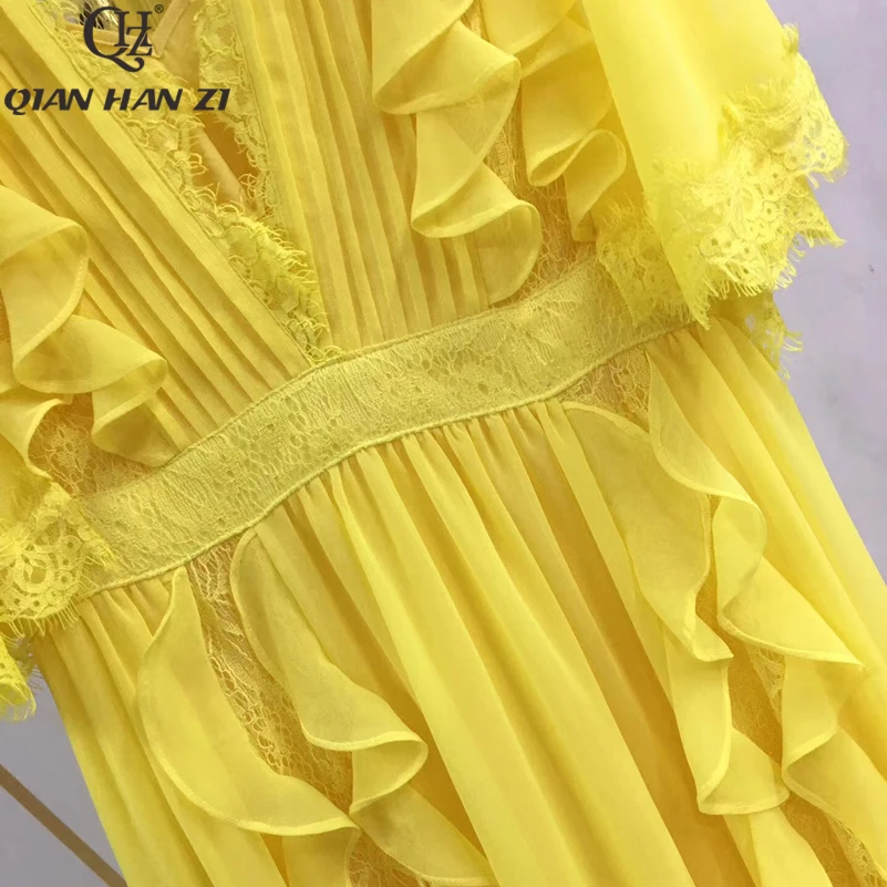 Qian Han Zi 2020 Moda Poletje vzletno-pristajalne Steze Maxi Obleka Ženske Ogrlicom Rokav Elegantno Ogrlicom Čipke Naguban Proti-Vrat Dolgo Obleko
