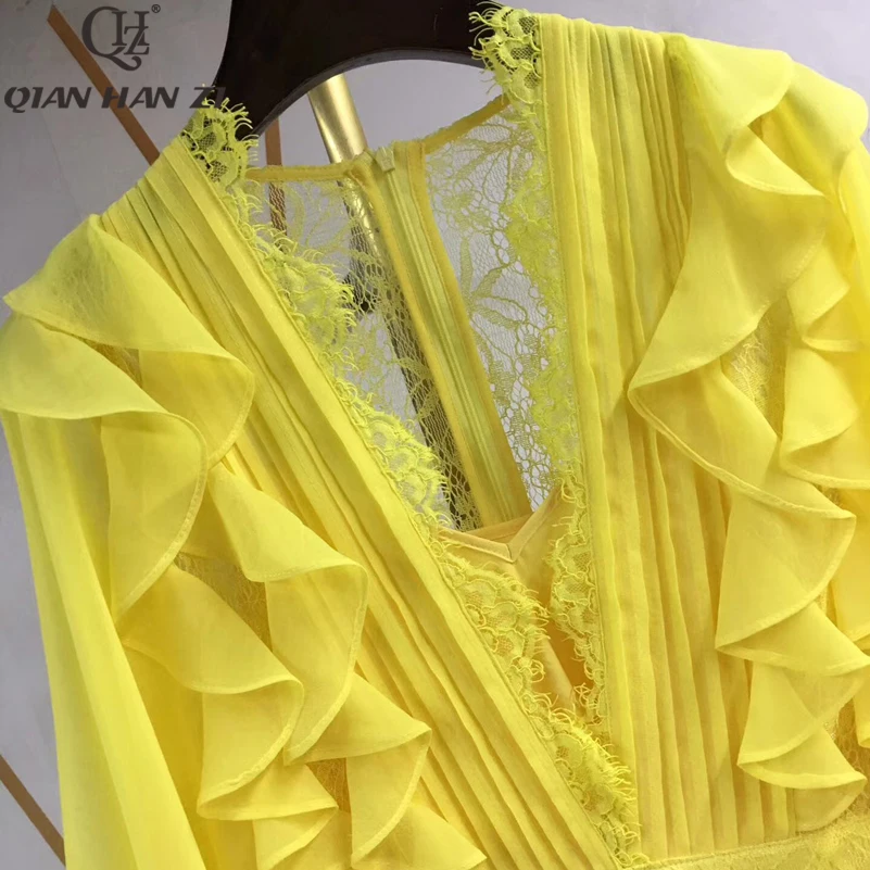 Qian Han Zi 2020 Moda Poletje vzletno-pristajalne Steze Maxi Obleka Ženske Ogrlicom Rokav Elegantno Ogrlicom Čipke Naguban Proti-Vrat Dolgo Obleko