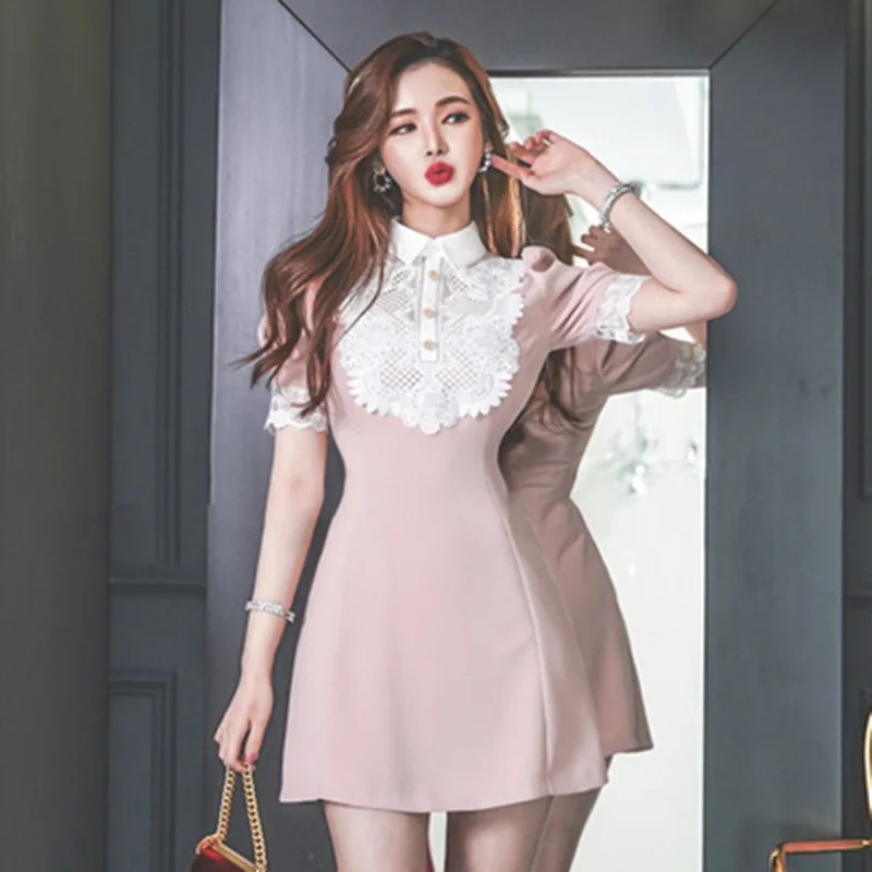 Korejski 2021 Poletje Eleganten Čipke Mozaik A-Line Mini Kratek Rokav Sladko Slim Lepe Ženske High-end Obleko Vestidos