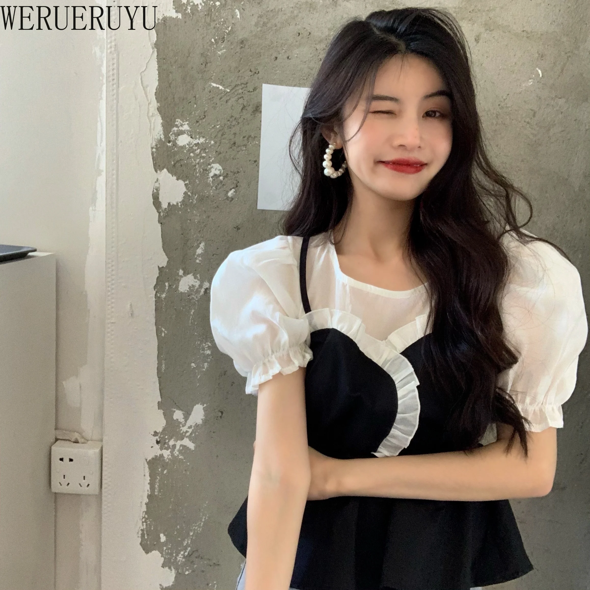 WERUERUYU Ruffle O Vratu Ženske Bluzo korejski Moda Puff Long Sleeve Majica 2021 Nov Mozaik Ponaredek Dveh Kosov Vrh