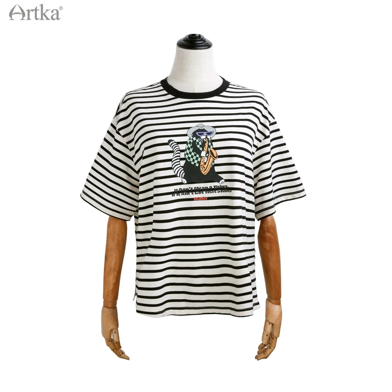 ARTKA 2021 Poletje Nove Ženske T-shirt Modni Tisk Priložnostne O-Vratu T-majice Black&White Stripes Svoboden Kratek Rokav T-shirt TA22214X