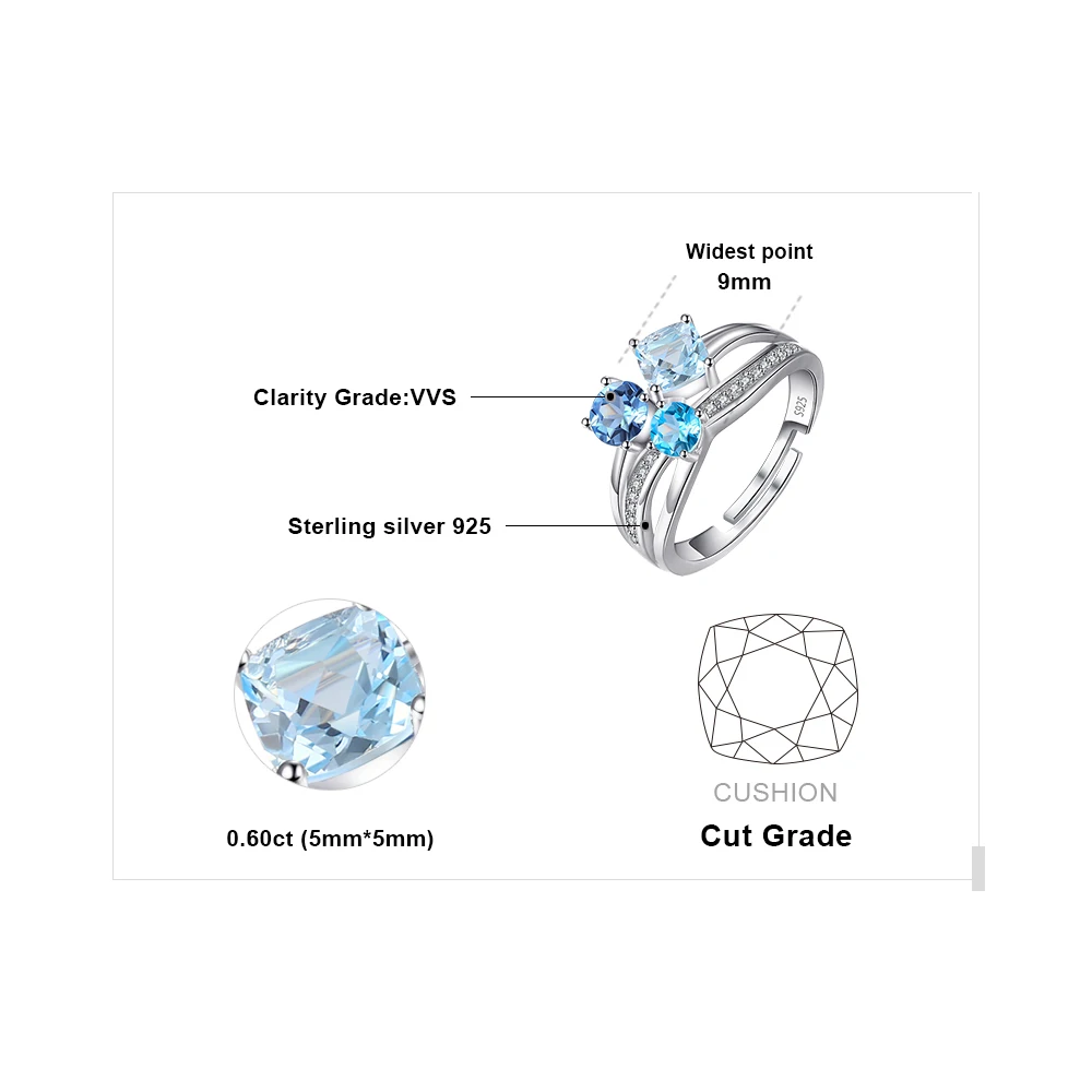 JewelryPalace Infinity za 1,7 ct Multi Color Resnično Gemstone, Modri Topaz Bela Topaz 3 Kamna Odprt Obroč Nastavljiv 925 Funt Silve