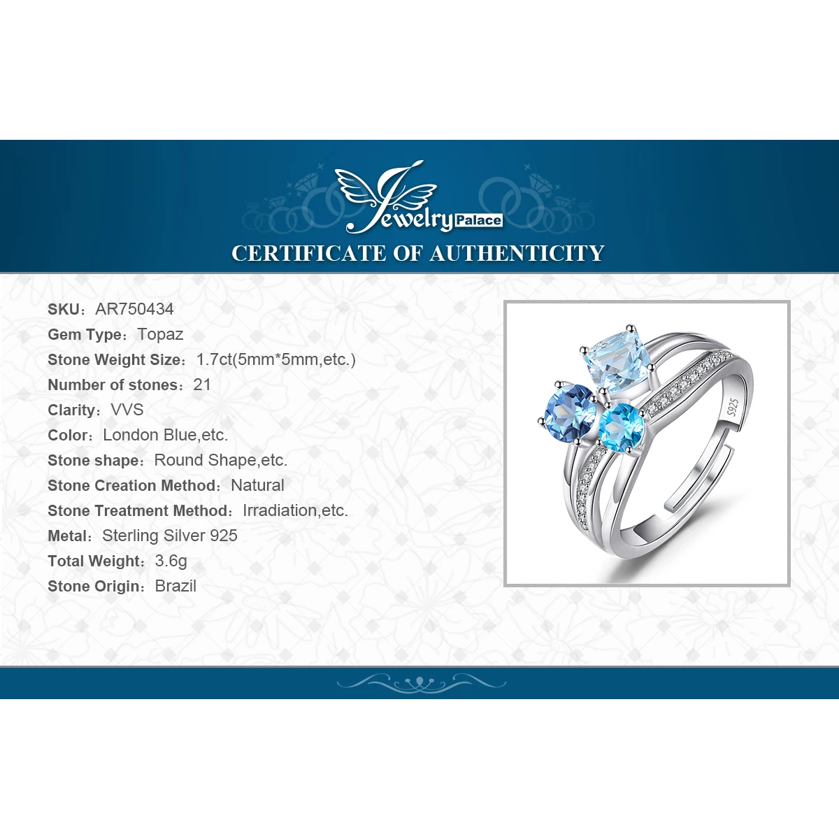 JewelryPalace Infinity za 1,7 ct Multi Color Resnično Gemstone, Modri Topaz Bela Topaz 3 Kamna Odprt Obroč Nastavljiv 925 Funt Silve