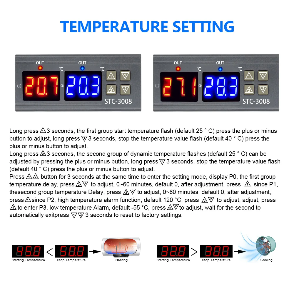 STC-3008 Digitalni Temperaturni Regulator Dvojni Prikaz Dveh Rele Izhod 12V 24V 220V Thermoregulator Termostat Z Grelec Hladilnik